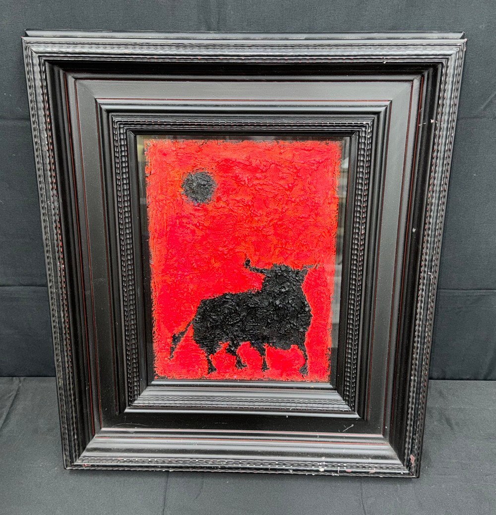 【江】赤背景に牛 油彩画 動物画 約56.5cm×47cm 古美術品(闘牛盛上マチエール額装絵画アートコレクション)BXZ1937 CTjjsi LBmnxi