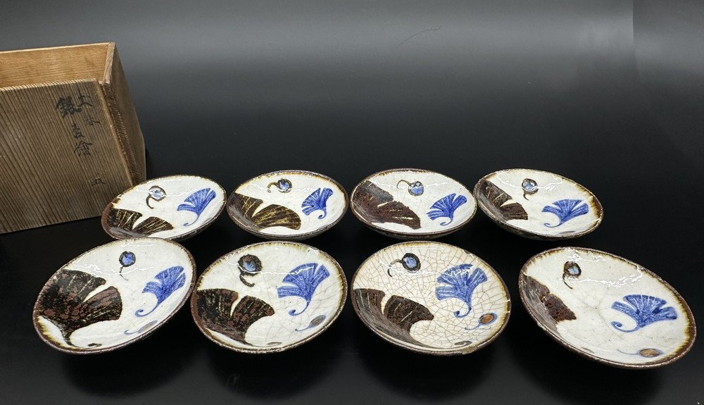 【江】名工 尾形乾山 土器銀杏絵銘々皿 8客 直径13.5cm×高さ3cm 在銘 共箱 古美術品(向付懐石料理道具)BXZ1982 CTLBdhir PBmnza