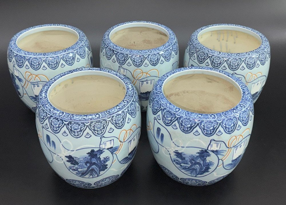 【江】時代 染付瓢箪宝船風景文火鉢 5点まとめ 直径23cm×高さ22.5cm 古美術品(炭道具手あぶり古道具)BX2538 CTDBkjdo