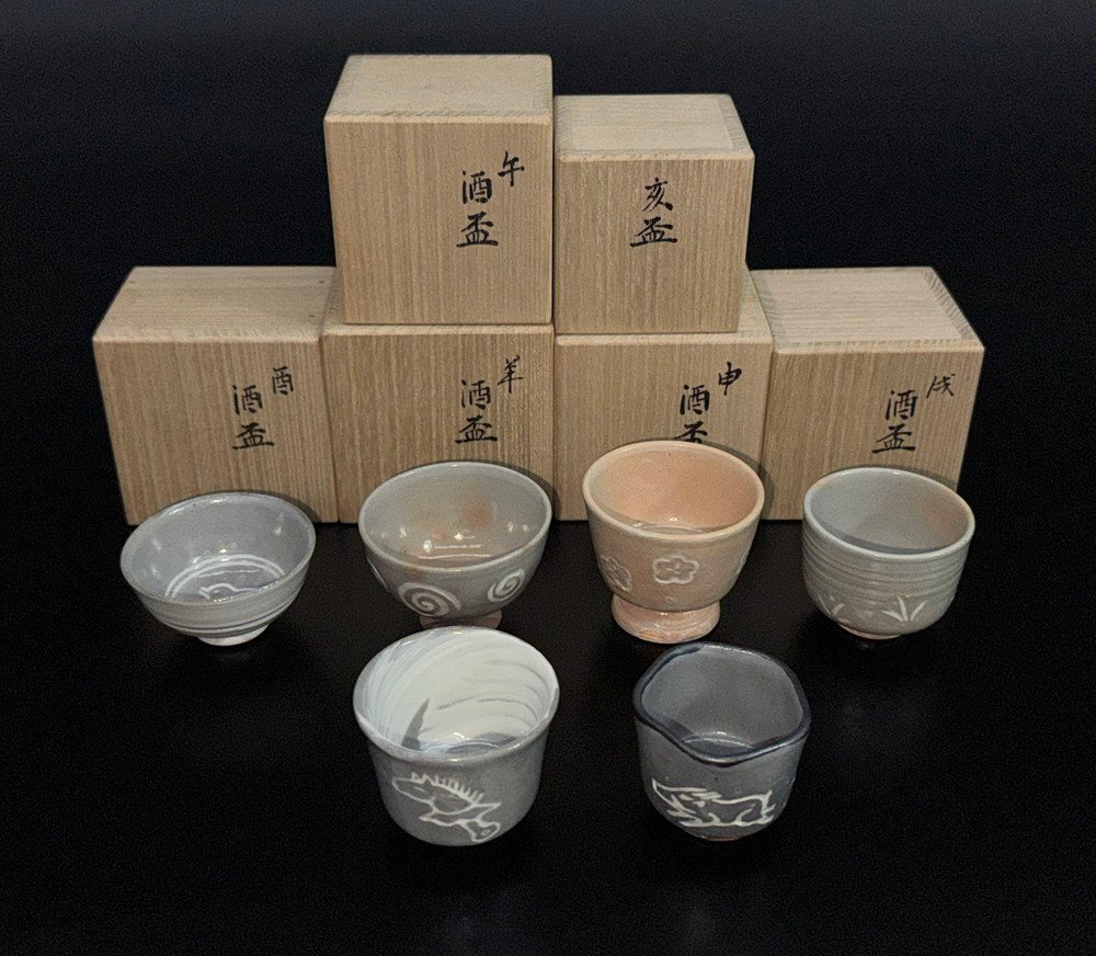 【江】名工 永楽善五郎 午羊申酉戌亥盃セット 6客 在銘 共箱 古美術品(干支酒器酒杯ぐいみおちょこ茶器) AXZ2227 LTdjki CTDBskjd