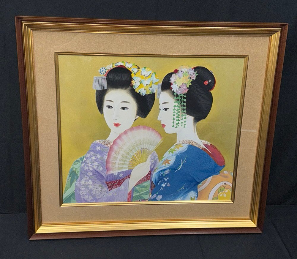 【江】中尾淳『二人舞妓』日本画 模写 落款 約64cm×71.5cm 古美術品(美人画絵画額装アートコレクション)XZ2347 CVDTndhg NTsdrb