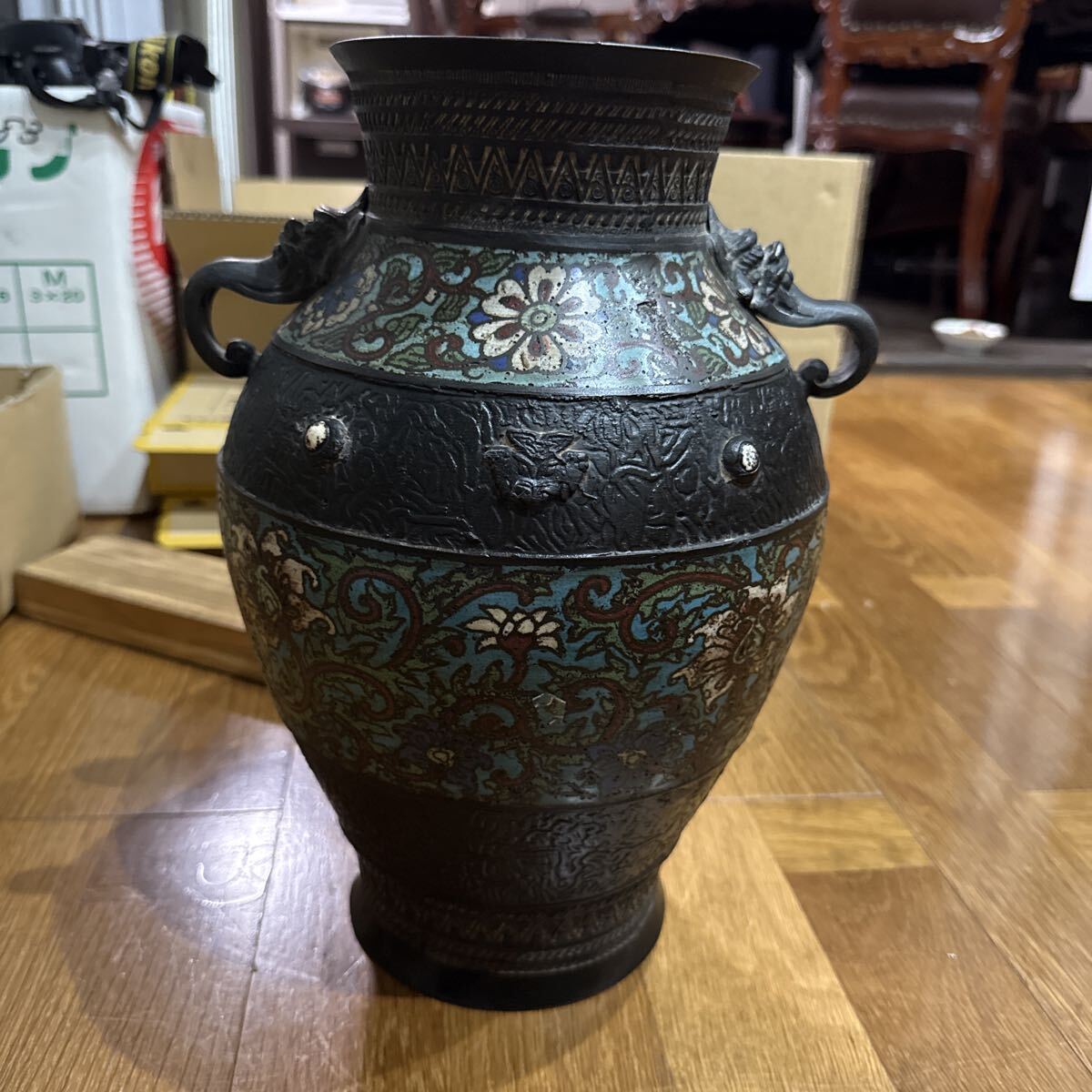 古銅 七宝 花瓶 龍耳 獣双耳 花唐草文 飾り壺 骨董 アンティーク 花器 3.7KG 髙33cm 中国古玩 古美術