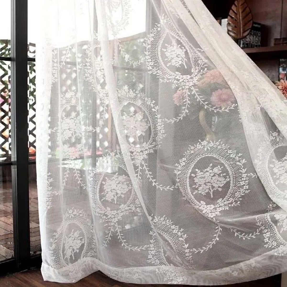 レースカーテン　刺繍　突っ張り棒タイプ　幅100cm丈200cm ホワイト　白　飾り　お得　　2枚入り　両開き　花柄　可愛い