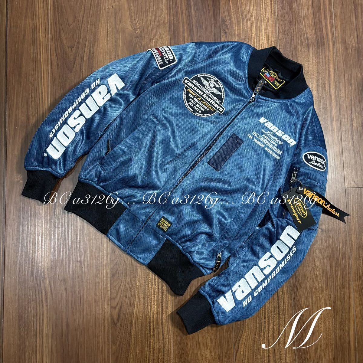 新品 VANSON ライダース メッシュジャケット Mサイズ メンズ バンソン バイク アウター 羽織り プロテクターフル装備 MA-1 刺繍