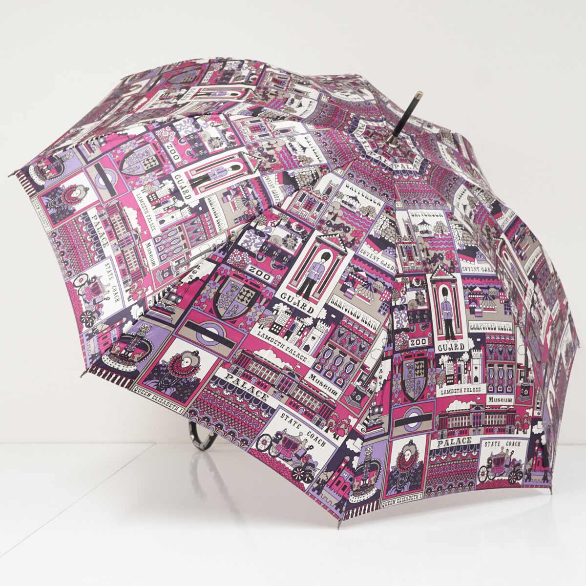 傘 ANNA SUI アナスイ USED品 ロンドン イラスト プリント ピンク系 衛兵 ロンドンバス 60cm S3787