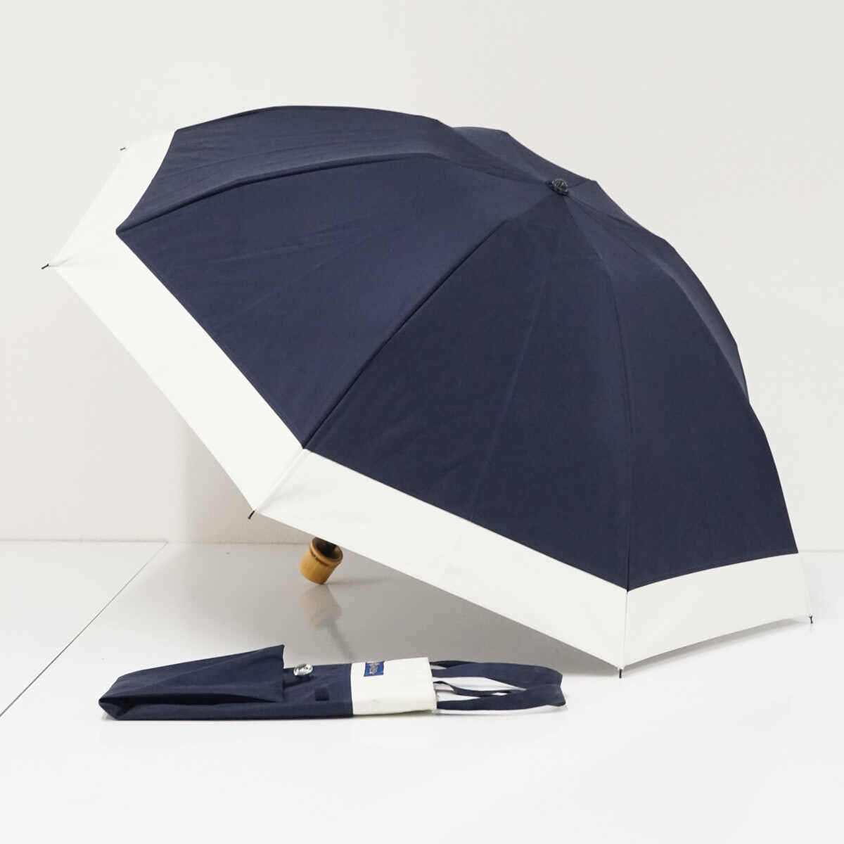 折日傘 芦屋ロサブラン 完全遮光 USED美品 3段 コンビ ネイビー×アイボリー UV 遮熱 折りたたみ傘 寒竹 50cm FS9602