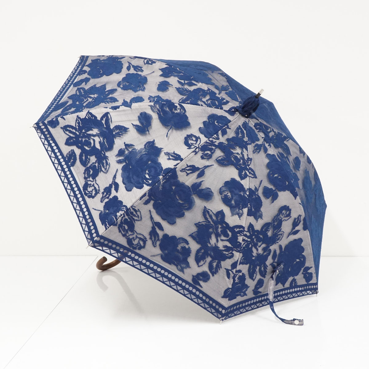 日傘 ブロンズ USED美品 フラワー レース ベージュ×ネイビー 晴雨兼用 UV 遮光 遮熱 50cm A3923