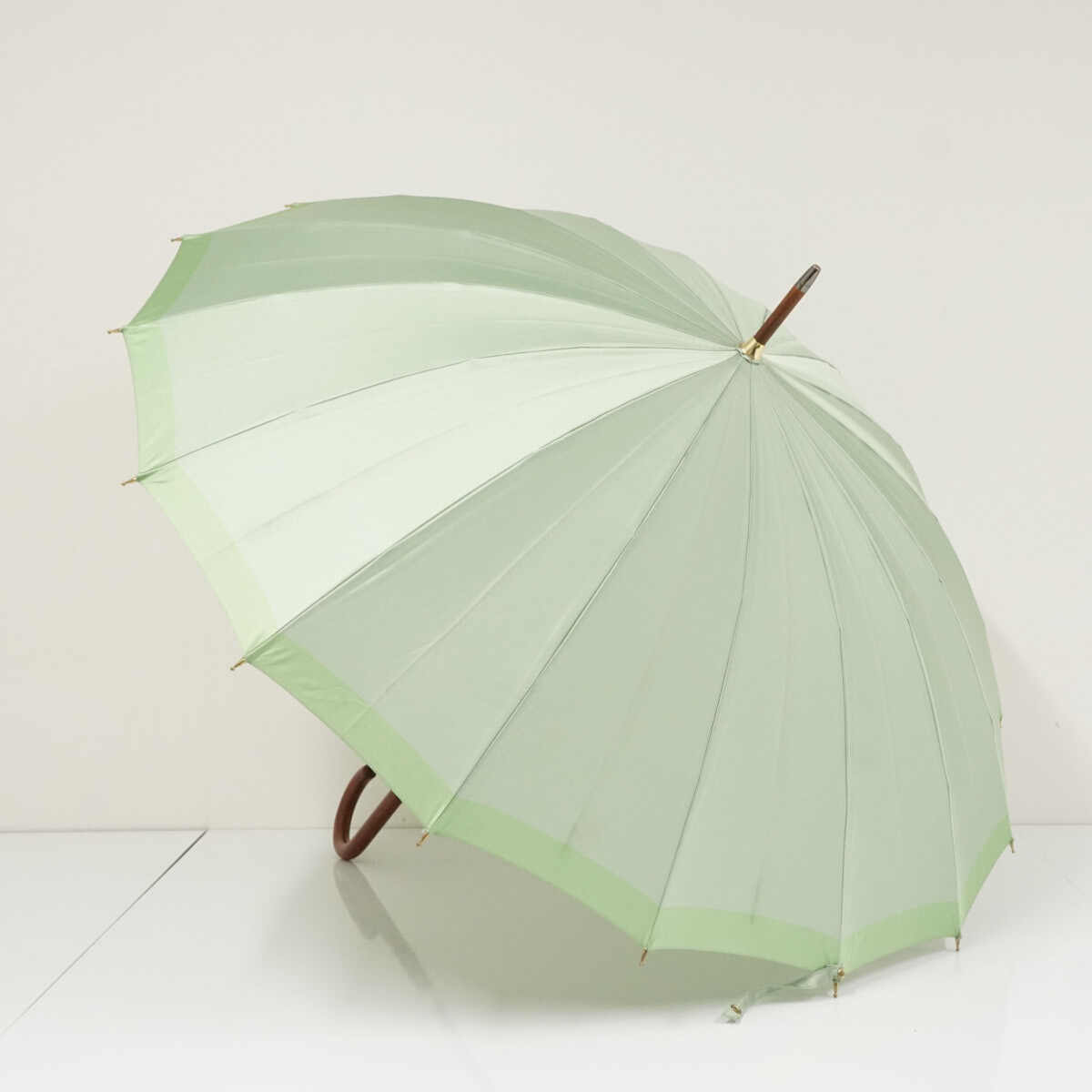 傘 16本骨 前原光榮商店 USED美品 高級 日本製 ライトグリーン ボーダー 多間 55cm S3943