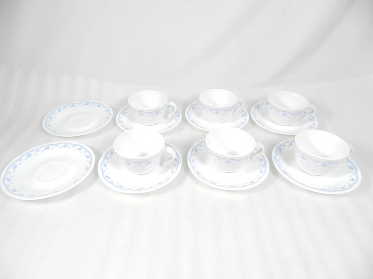 t3074 CORELLE コレール モーニングブルー カップ&ソーサー 6客セット + おまけソーサー付き CORING WARE Made in USA
