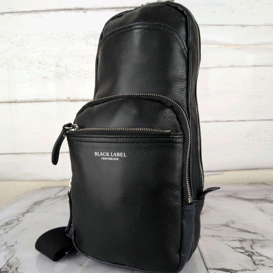 【極美品】ブラックレーベルクレストブリッジ CRESTBRIDGE レザー ボディバッグ メンズ ブラック クロスボディ ショルダー シボ革