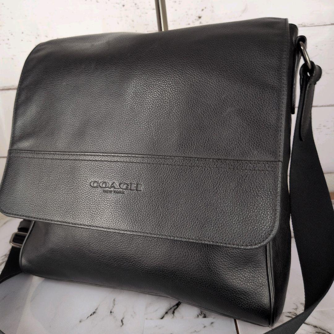 【美品】コーチ COACH オールレザー メッセンジャー ショルダーバッグ 肩掛け 斜め掛け ブラック 黒 メンズ ビジネスバッグ 通勤