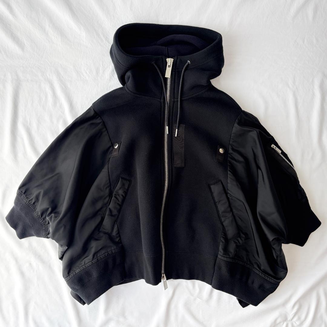 ■1円〜 ＜美品!!＞■sacai サカイ stitching bat sleeve hooded jacket ナイロン スウェット パーカー ジャケット ブラック 2 管:2605045