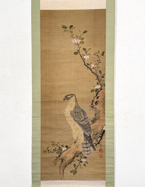 【真作 江戸動物画】掛軸「小泉檀山 海棠勇鷹図」江戸後期 画家 島崎雲圃師事 花鳥画 絵画