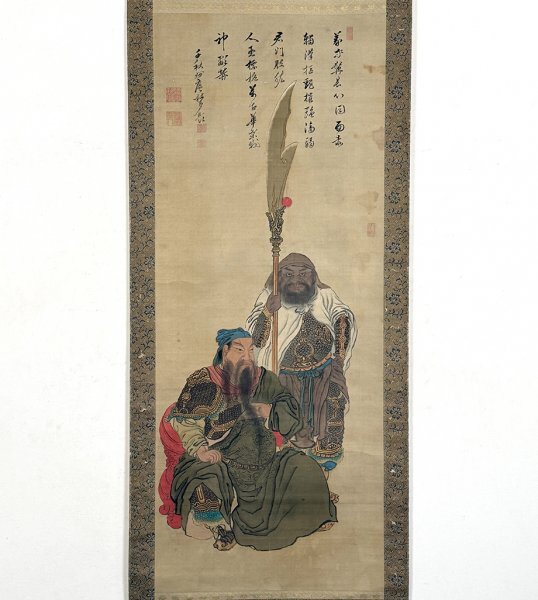 【真作】掛軸「月僊画 黄檗妙庵賛 関羽周倉像」江戸中期 画僧 桜井雪館師事 伊勢寂照寺 三国志演義 書画