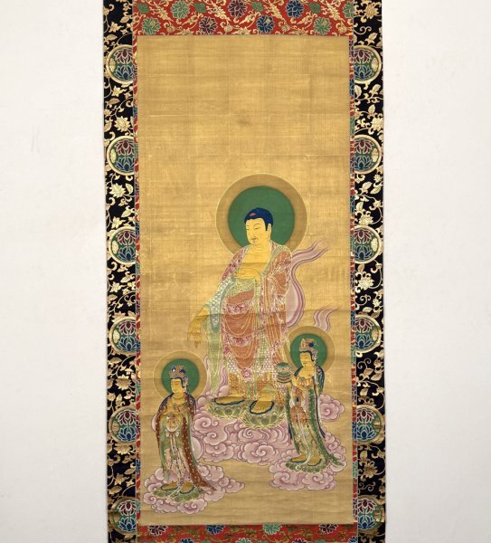 【真作 共箱 稀品】掛軸「勝山琢眼 阿弥陀佛三尊並画表具」文政2年73歳 江戸中後期 狩野派 法眼 仏画 絵画