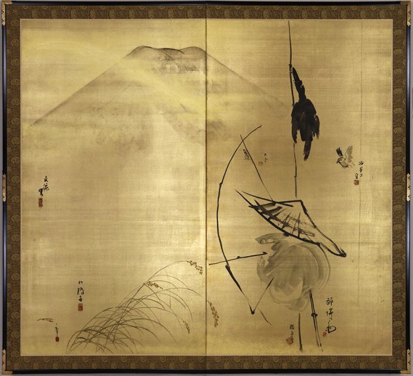 【真作】屏風「小野竹喬 土田麦僊 小村大雲 三木翠山 徳田隣斎 他 合作 二曲半双」絵画 日本画家 竹内栖鳳門下