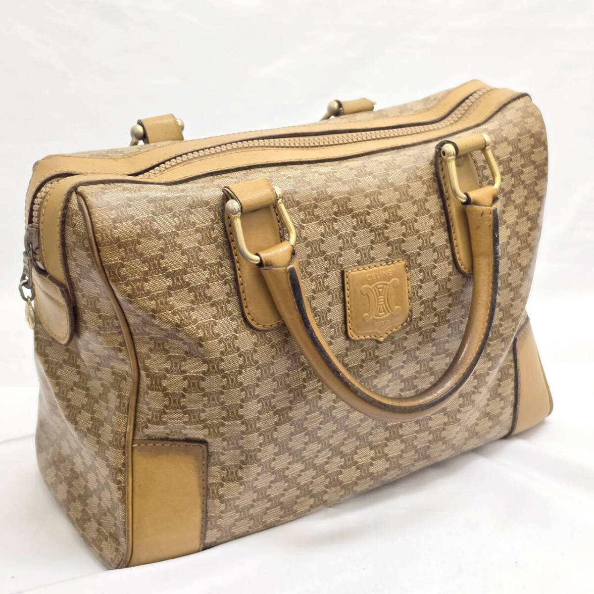 1円スタート！CELINE セリーヌ マカダム柄 ミニボストンバッグ ベージュ系 ヴィンテージ ハンドバッグ 鞄 オールドセリーヌ