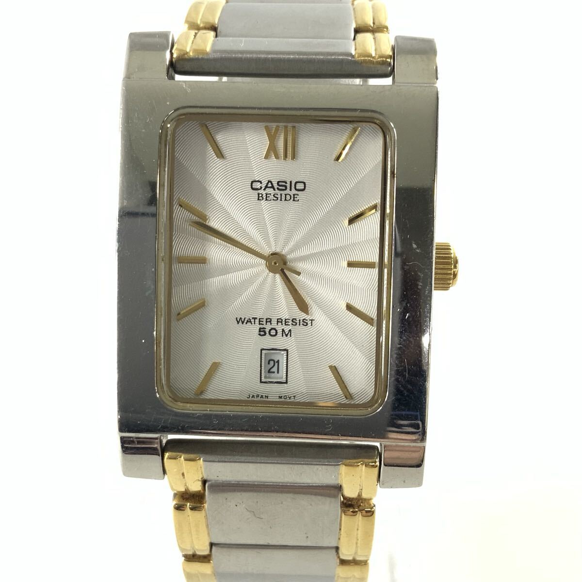 【不動品】CASIO カシオ 腕時計 BESIDE BEM-100 シルバーxゴールド ビーサイド シルバー文字盤 クオーツ アナログ カレンダー 中古品