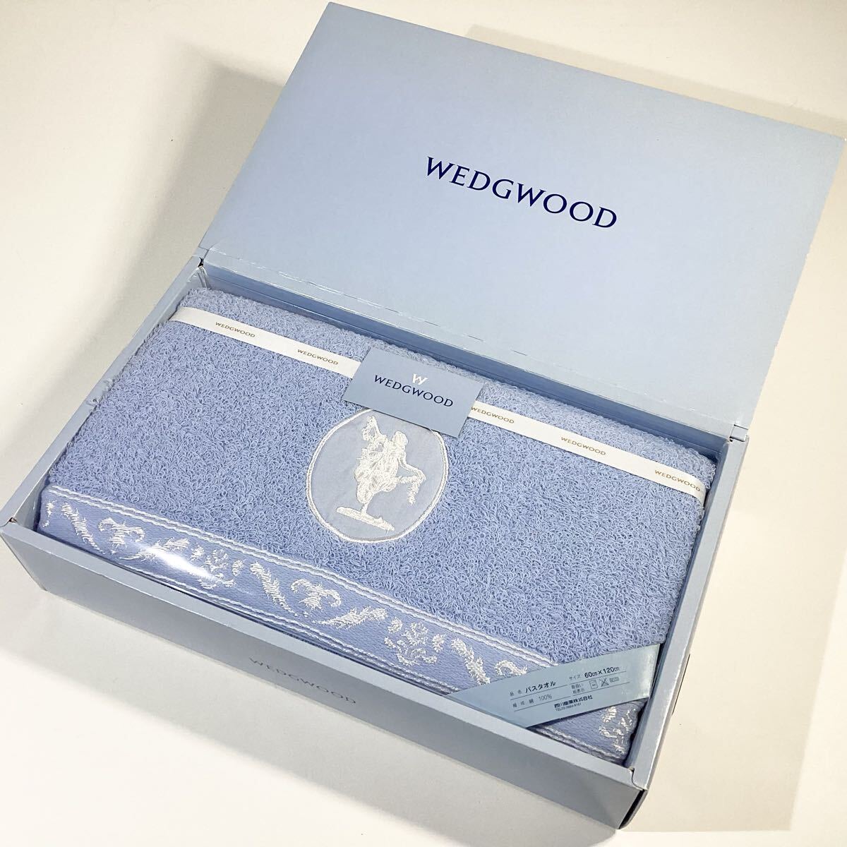 【未使用】WEDGWOOD ウェッジウッド 西川産業 バスタオル 品番 TNK3998027 柄版 WW701B 素材 綿100% サイズ 60×120 ブルー 水色 刺繍