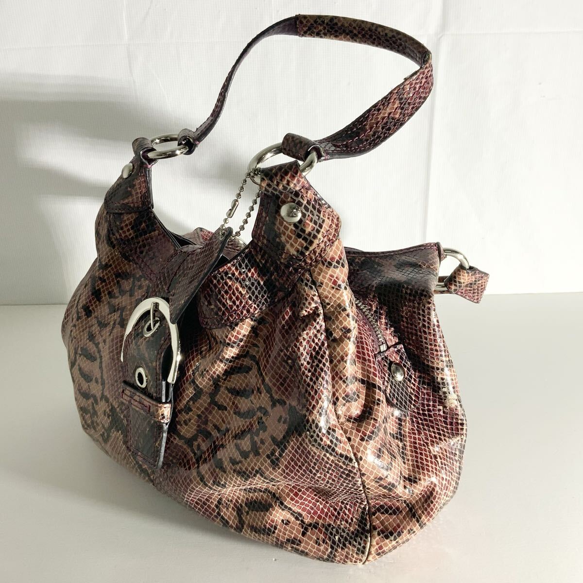 COACH コーチ ハンドバッグ ソーホー エンボスド エキゾチック F17419 ブラウン系 シルバー金具 パイソン柄 レディース 中古品