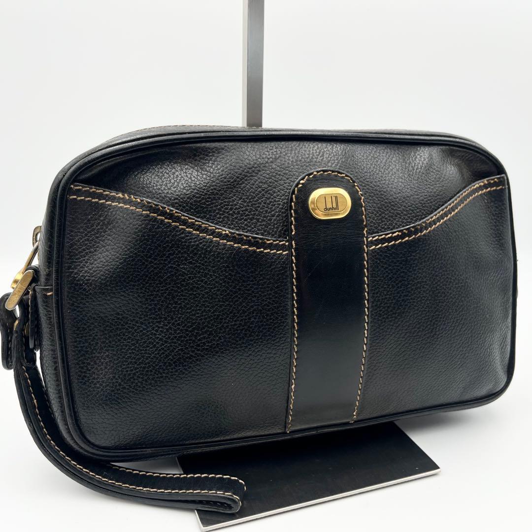 dunhill ダンヒル セカンドバッグ クラッチバッグ ビジネス ゴールド金具 ロゴ 刻印 裏地総柄 シボ革 レザー 本革 ブラック 黒 メンズ