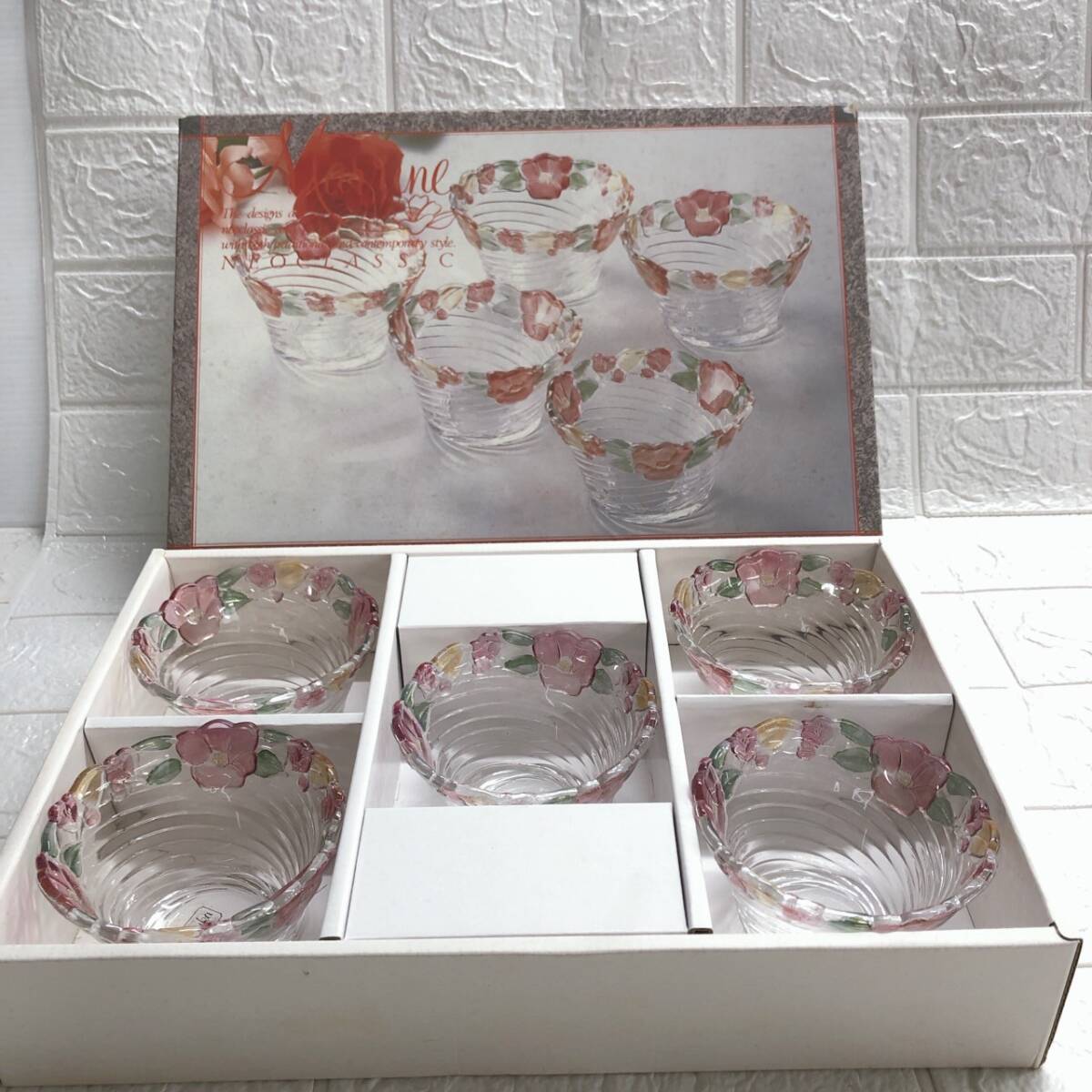 ★【在庫処分価格】Marrine NEOCLASSIC 小付鉢 5個 花柄 クリア レトロ 経年保管品 現状品 未使用☆T5-546J