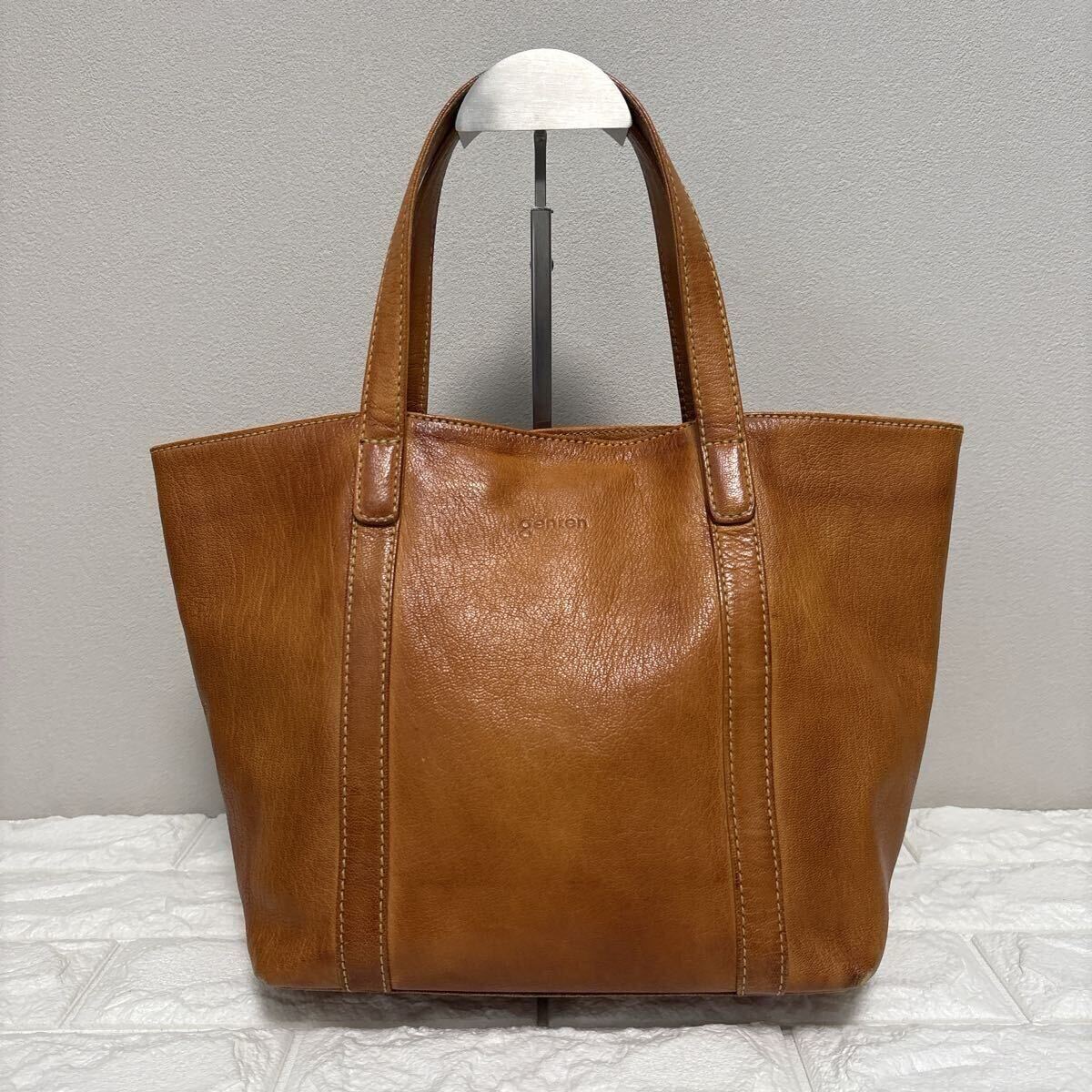 genten ゲンテン トートバッグ レザー ハンドバッグ キャメル 肩掛け　レザーバッグ　ジップ　ベルトループ　定番　専用袋付　本革