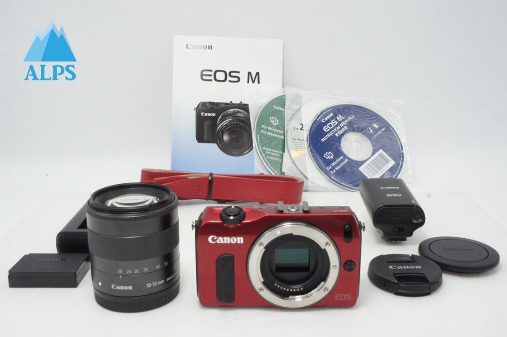 美品 Canon EOS M ボディ + EF-M 18-55mm IS STM レンズキット ミラーレス一眼カメラ レッド SPEEDLITE 90EX付 260513al【アルプスカメラ】
