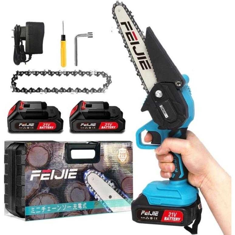 1D07b0Mミニ電動チェーンソー 充電式 6インチ 小型 21V ガイドバー150mm 強力2000mAhバッテリー2個搭載 特殊純銅製モーター