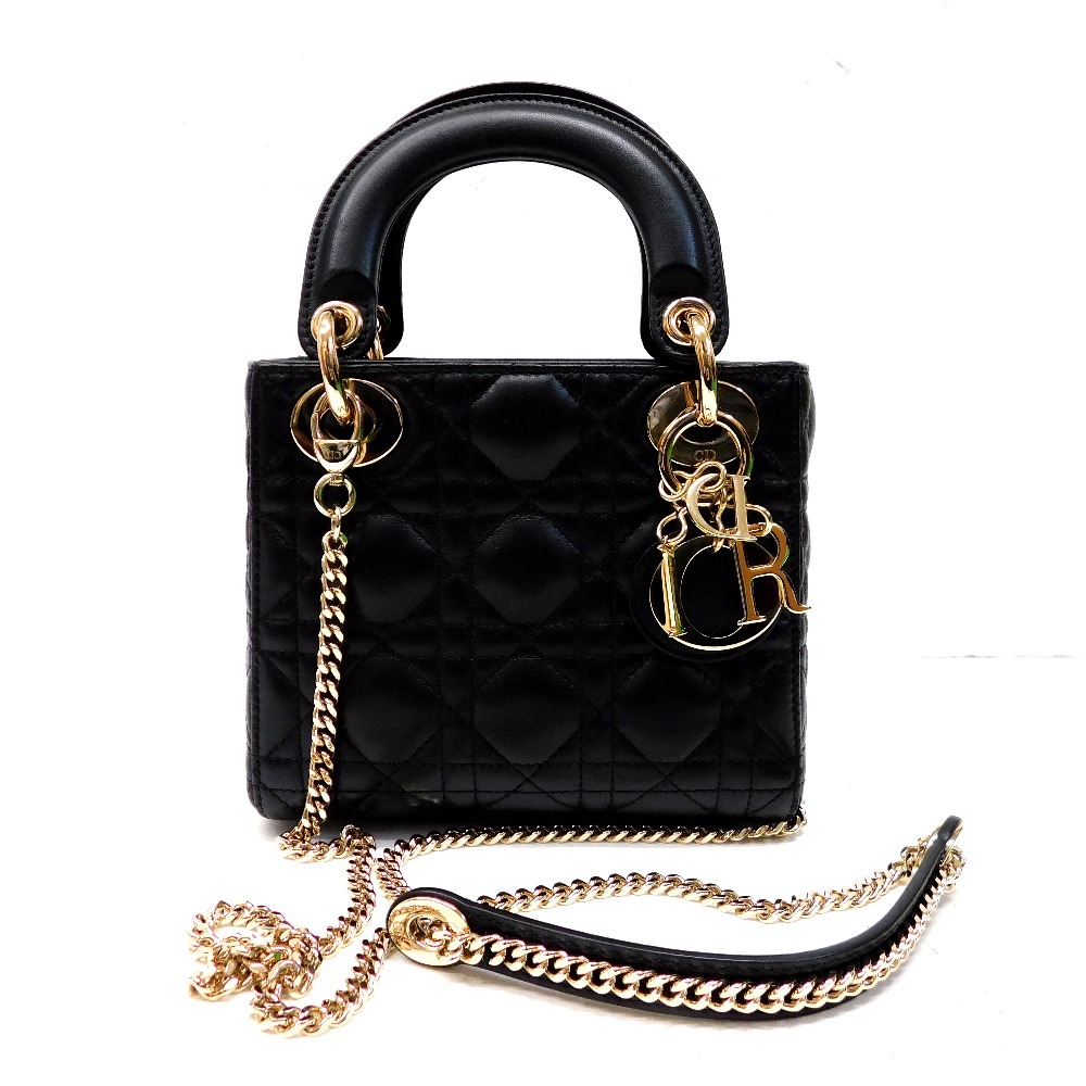 Hn489741 ハンドバッグ Lady Dior　チェーンバッグ　ミニ　カナージュ　ラムスキン　ブラック 中古・美品