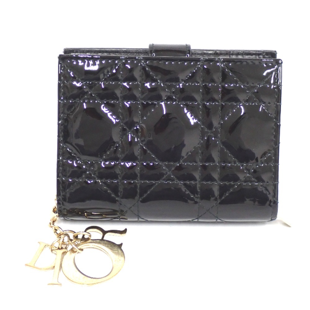 NA14621 クリスチャンディオール 二つ折り財布 レディディオール パテントレザー ブラック レディース Christian Dior 中古