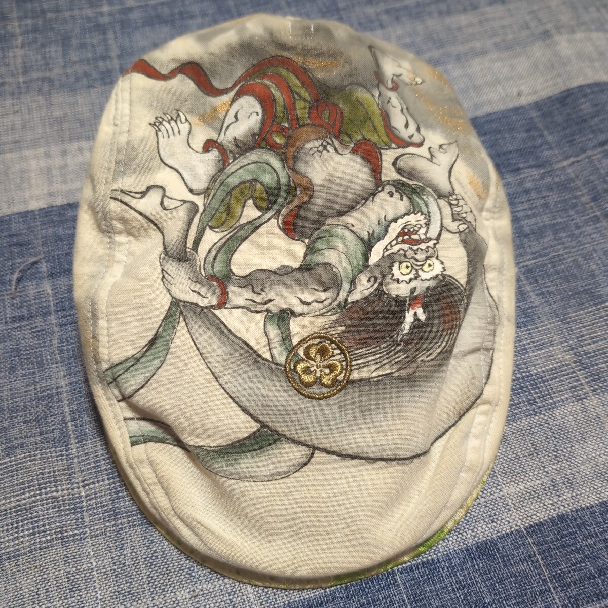 和柄 風神雷神 和柄 菊紋 刺繍 キャップ 帽子 ハンチング帽 サイズM 日本製