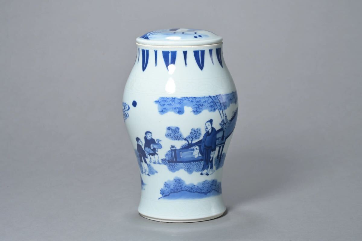 清代青花人物蓮子罐 時代物 唐物 古美術 骨董 旧家蔵出し 置物 古陶磁器
