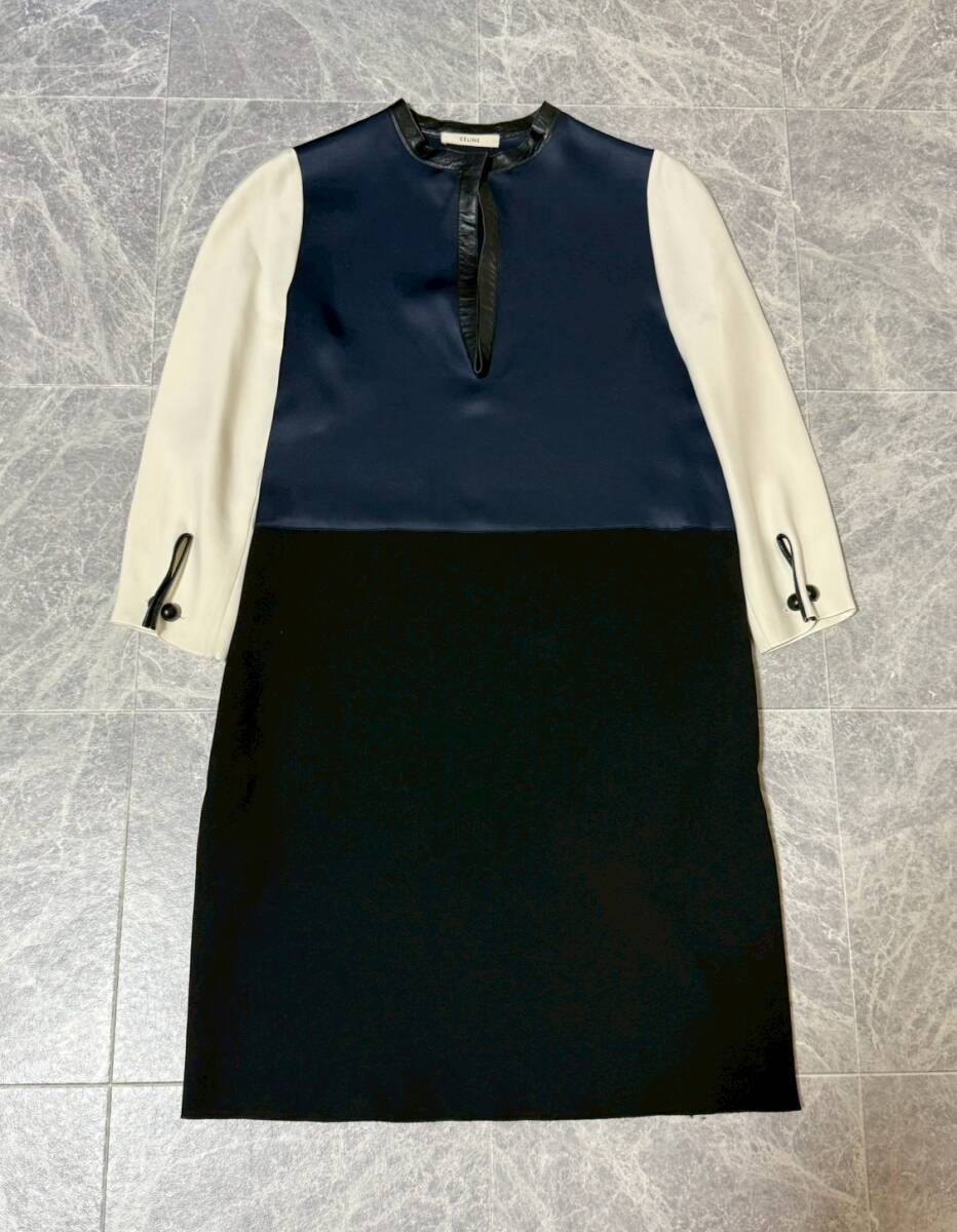 CELINE by Phoene Philo セリーヌ フィービー シルク ウール レザー ディテール トリミング 装飾 バイカラー ワンピース サイズ36