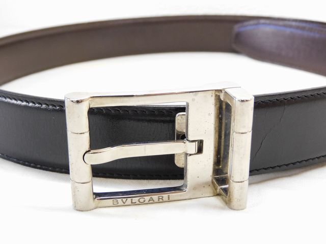 ブルガリ ■ リバーシブル ベルト レザー シルバー金具 約80～90cm 5穴 黒 ブラック×ダークブラウン メンズ BVLGARI□8A8ES ニニ10
