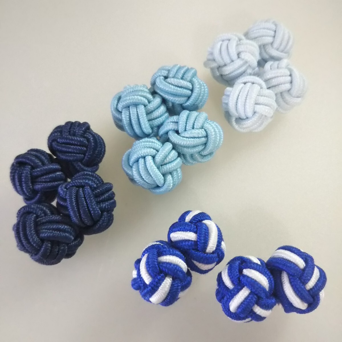 匿名/ゆうパケ（mini）送込【未使用 4組set 青系】カフスボタン ロープノット ゴムタイプ カジュアルカフス カフスリンクス 組紐