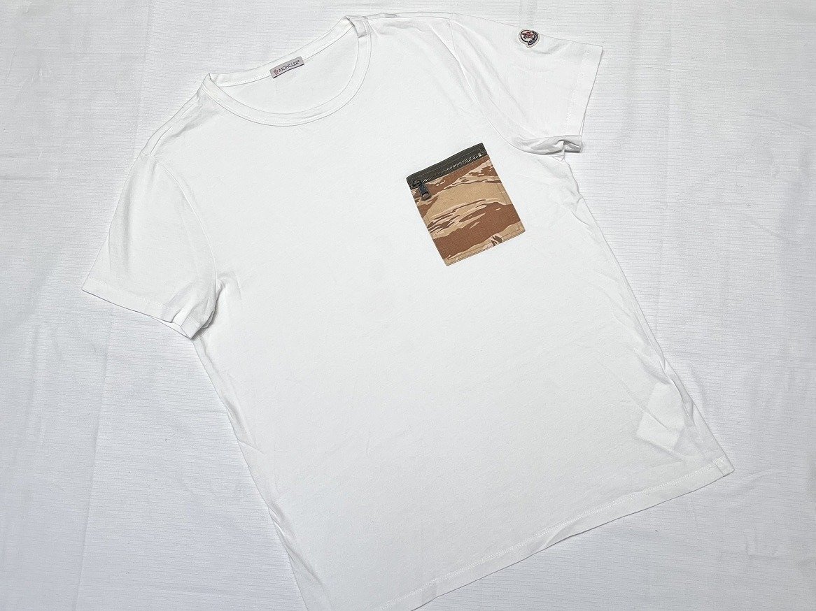 キングラム[05] MONCLER[モンクレール] MAGLIA T-SHIRT 迷彩ファスナーポケット Tシャツ ホワイト サイズM 袖ロゴパッチ【送料無料】5484