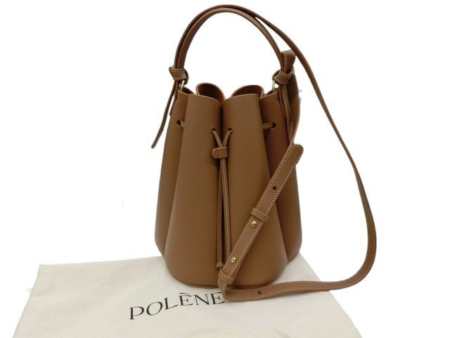 キングラム[19]POLENE ポレーヌ Number Eight 2way 巾着型 カヌレ レザー ハンドバッグ ショルダーバッグ ブラウン系 保存袋付 @268 S