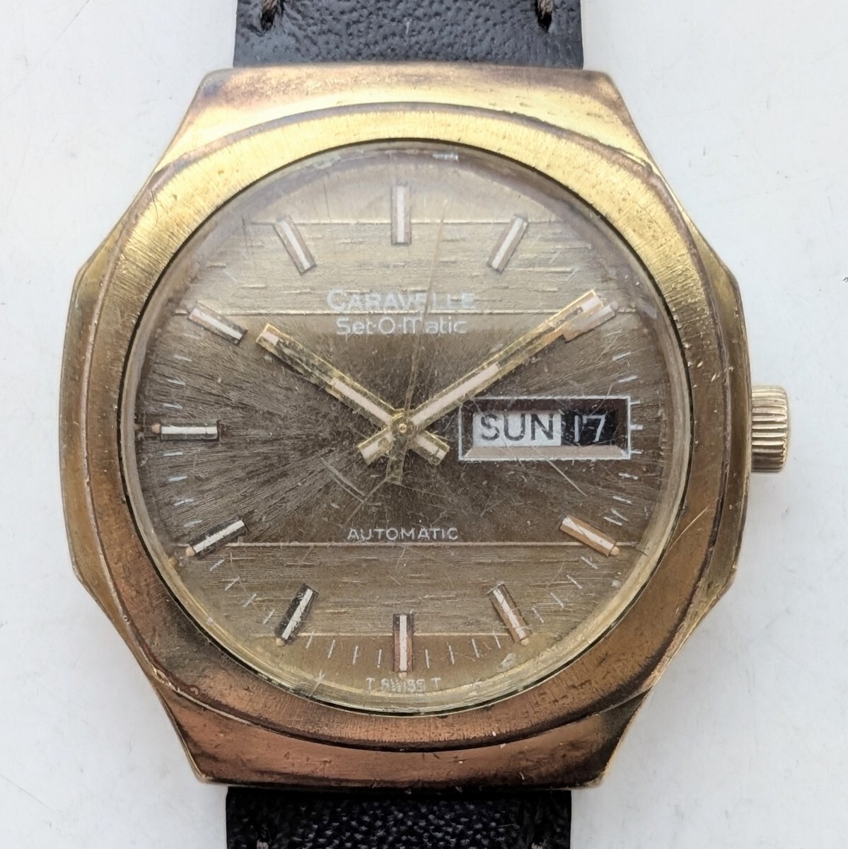 CARAVELLE Set-O-matic AUTOMATIC N4 キャラベル オートマチック 自動巻き ゴールド メンズ腕時計 稼働品 新品革ベルト