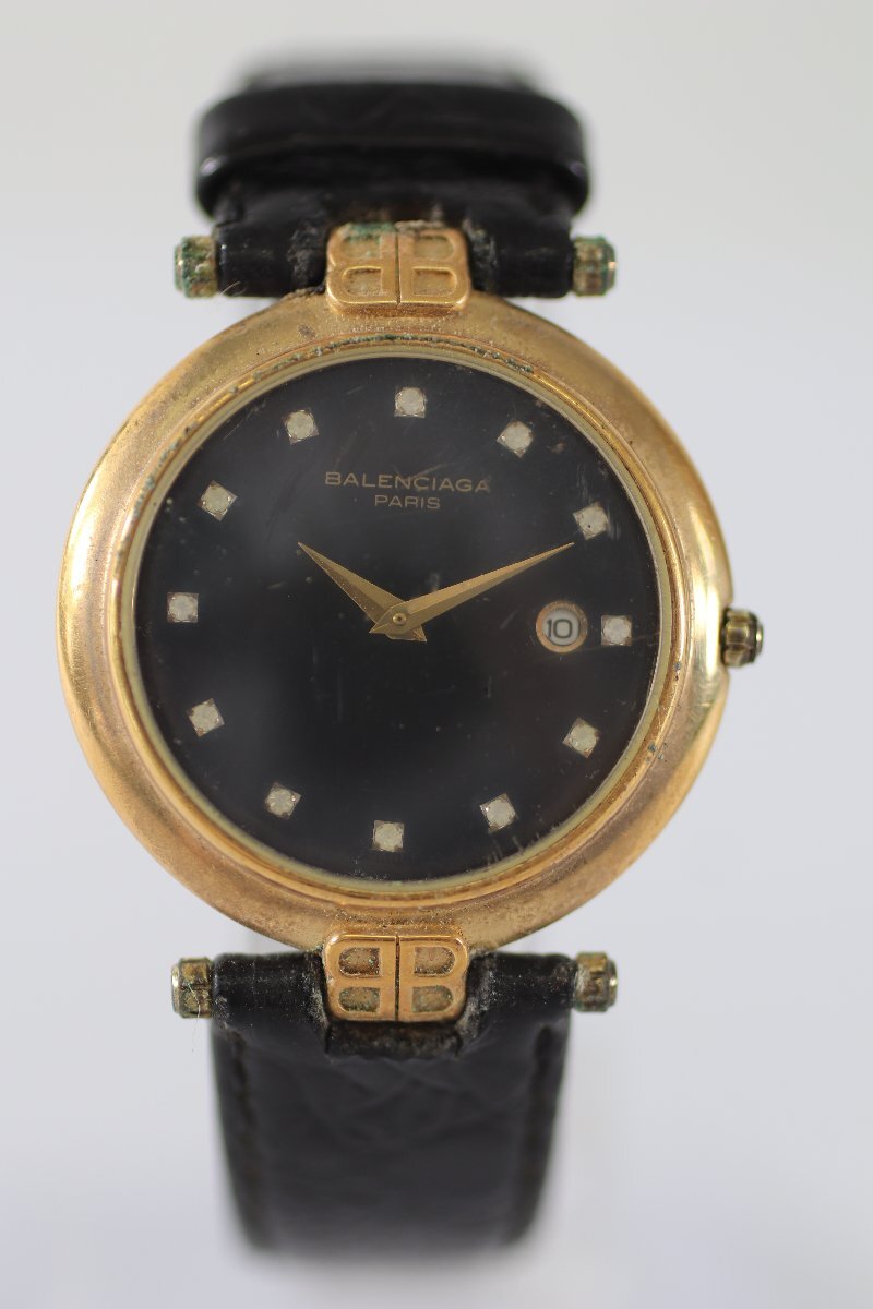 【不動品】BALENCIAGA バレンシアガ 18KGP クォーツ デイト ゴールドカラー 黒文字盤 腕時計 メンズ 5440-RY