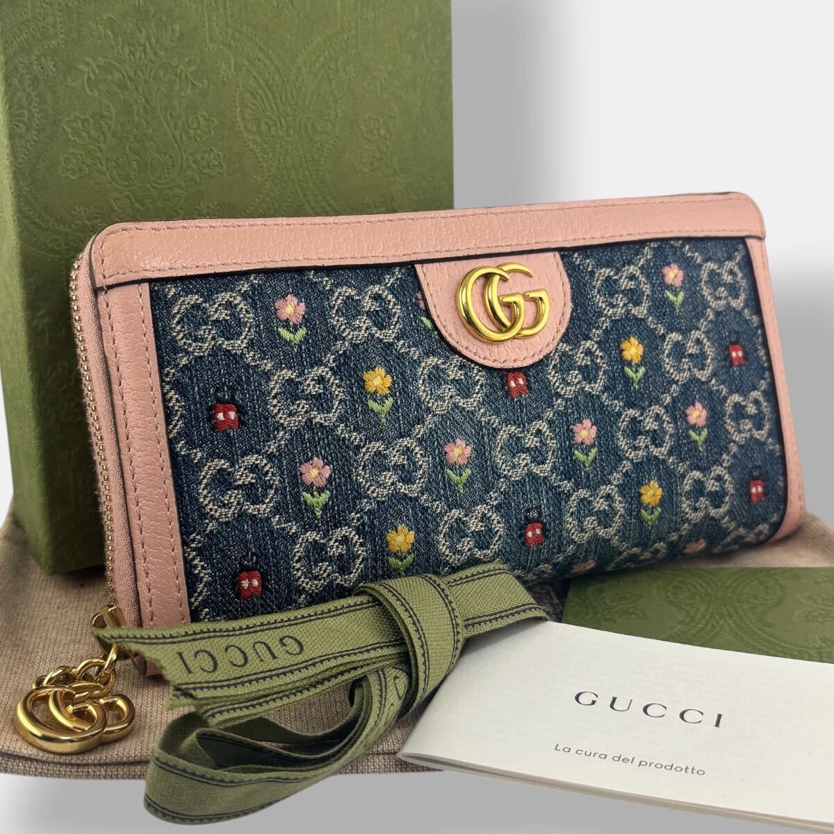 日本限定品 GUCCI グッチ 長財布 523154 ラウンドファスナー ロングウォレット マーモント オフィディア GG フローラル 花柄 デニム 付属品