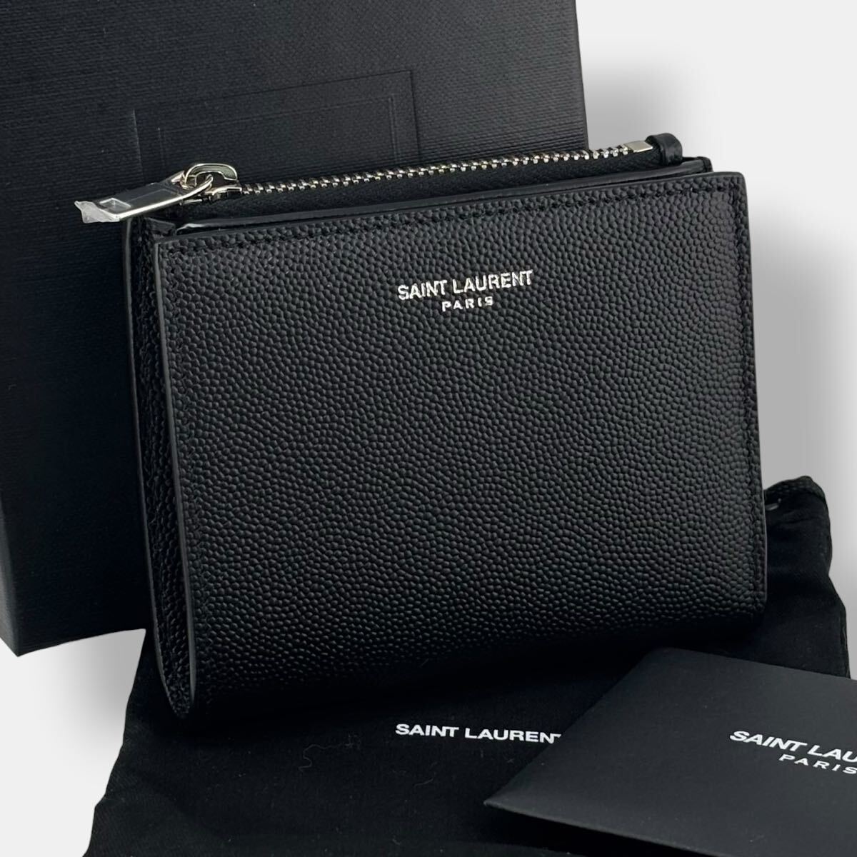 SAINT LAURENT サンローラン 二つ折り財布 コンパクトウォレット ジップ 小銭入れ ロゴ シボ革 キャビアスキン レザー ブラック メンズ