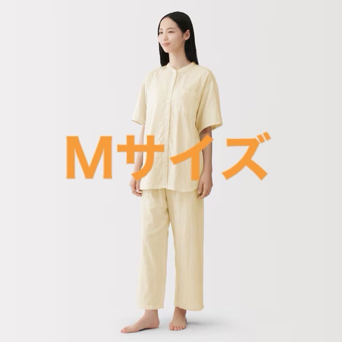 2026SS タグ付き新品 無印良品 MUJI 脇に縫い目のない 薄手ガーゼ五分袖パジャマ 婦人 Ｍ イエローストライプ レディース パジャマ