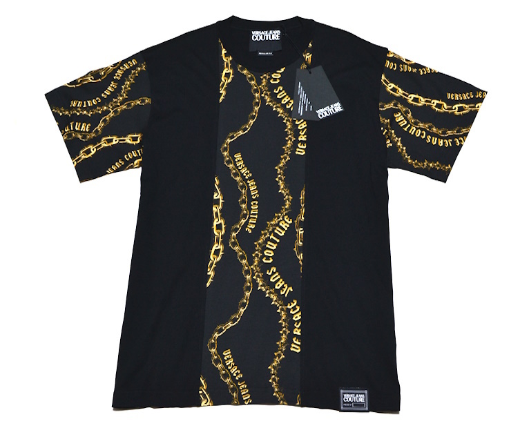 【新品】タグ付き Lサイズ VERSACE JEANS COUTURE ヴェルサーチ 高級ゴールドチェーン柄 半袖Tシャツ 大人のラグジュアリー 特価 10096
