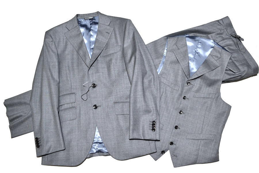 【新品】azabu tailor 麻布テーラー×伊DELFINO「ディフェンダー」高級スリーピーススーツ 46A/82（A5 Mサイズ程度）通年 サンプル品 10259