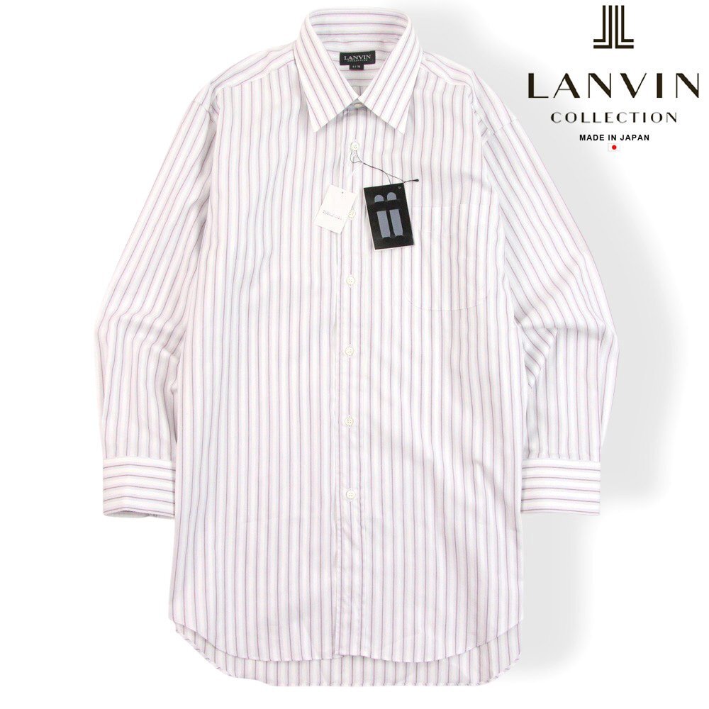 新品タグ付き 日本製 LANVIN COLLECTION ランバン レギュラーカラー 長袖 ドレスシャツ 白 ピンク ストライプ 41-78【参考価格￥12,600-】