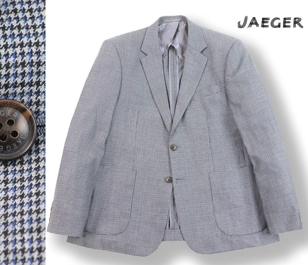 美品 JAEGER イエガ－ ウール100％ 春夏秋 2つボタン テーラードジャケット グレー 青 黒 千鳥格子 チェック 42S【参考価格￥75,900-】