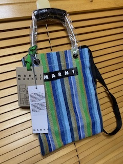 新品MARNI マルニ フラワーカフェ ストライプバッグ トートバッグ アルミハンドル ブルー系 MINI 