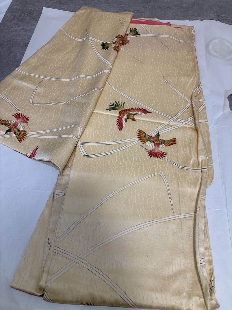 小紋　正絹　鳥　草葉　薄橙色　着物　和服　和装　リメイク　ハンドメイド　生地　衣装　百貨店　高級