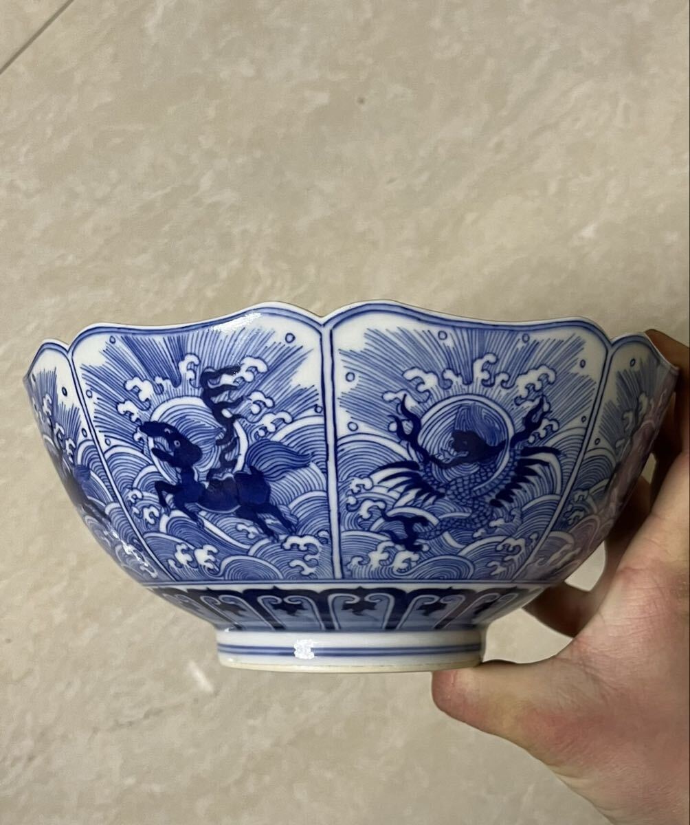 【萬古】中国古美術 清時代 青花 海水紋 茶碗 時代物 古玩 骨董品 唐物 時代物 当時物 置物 h4